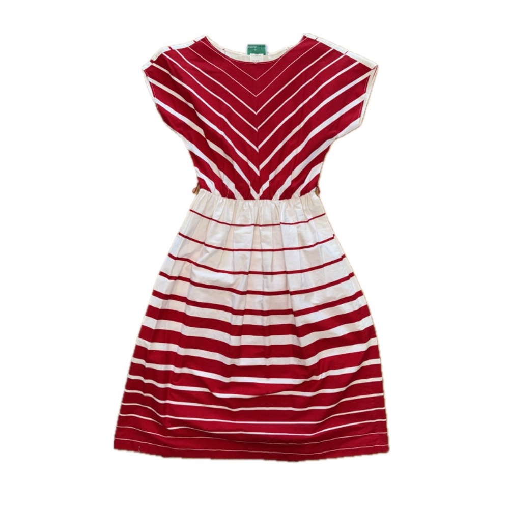 Red & White Striped Midi Dress with Cinched Waist